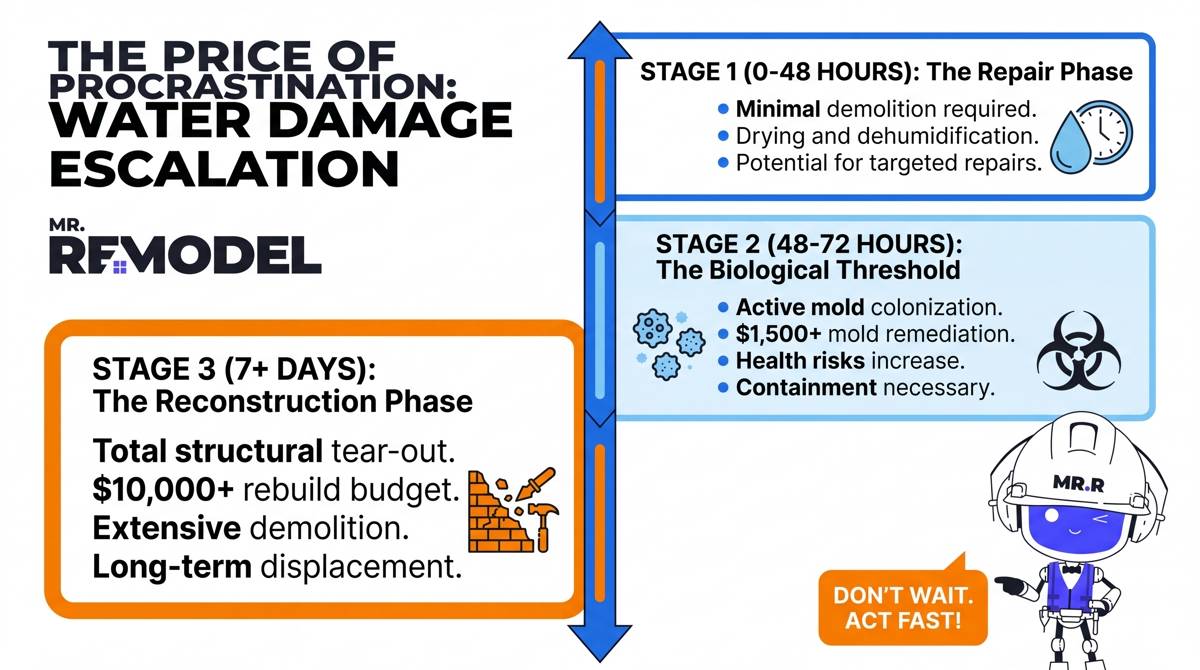 A clean, vertical infographic directly tracking the guide's three stages. It shows the exponential curve of repair costs: 0-48 Hours (Repair Phase) -> 48-72 Hours (Biohazard/Mold Phase) -> 7+ Days (Structural Rebuild Phase), visually demonstrating why the costs balloon by nearly 400% after the final boundary is crossed.